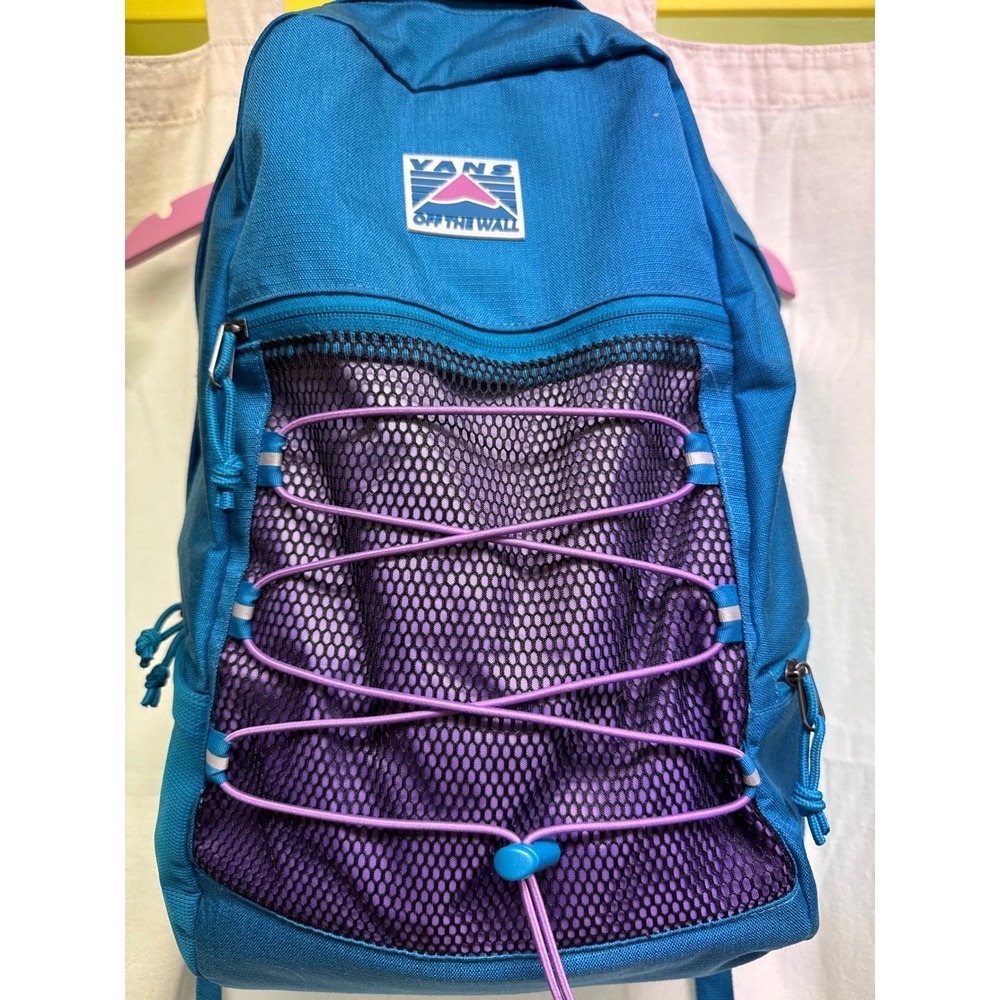 Vans Off The Wall Teal Blue Backpack Purple Bungee Mesh Frt Pocket Sternum Strap